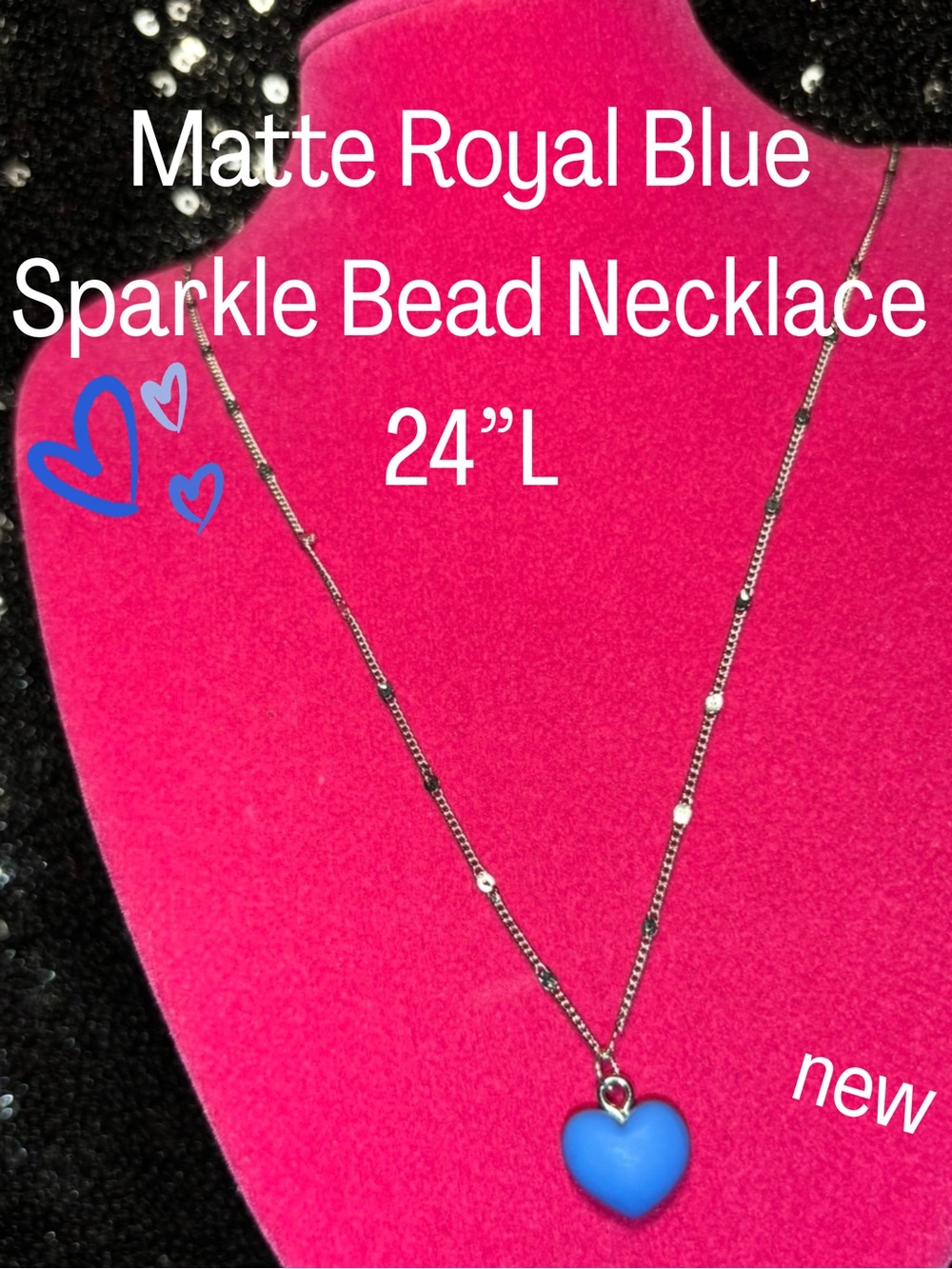 Matte Blue Heart Sparkle Shine Beaded Necklace Sterling Silver 925 gift mcbling